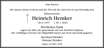 Traueranzeige von Heinrich Hemker von Neue Osnabrücker Zeitung GmbH & Co. KG