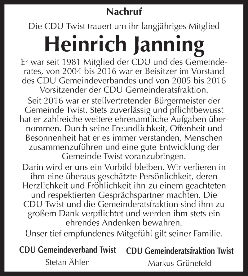  Traueranzeige für Heinrich Janning vom 31.03.2020 aus Neue Osnabrücker Zeitung GmbH & Co. KG