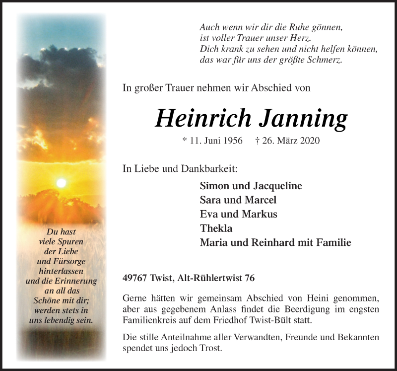  Traueranzeige für Heinrich Janning vom 28.03.2020 aus Neue Osnabrücker Zeitung GmbH & Co. KG