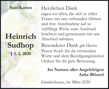 Traueranzeige von Heinrich Sudhop von Neue Osnabrücker Zeitung GmbH & Co. KG