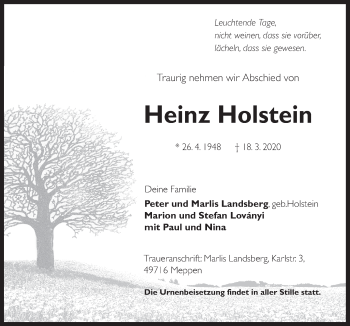 Traueranzeige von Heinz Holstein von Neue Osnabrücker Zeitung GmbH & Co. KG