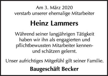 Traueranzeige von Heinz Lammers von Neue Osnabrücker Zeitung GmbH & Co. KG