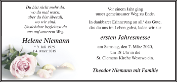 Traueranzeige von Helene Niemann von Neue Osnabrücker Zeitung GmbH & Co. KG