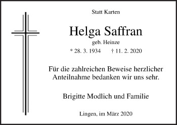 Traueranzeige von Helga Saffran von Neue Osnabrücker Zeitung GmbH & Co. KG