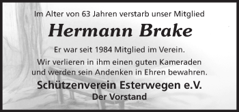 Traueranzeige von Hermann Brake von Neue Osnabrücker Zeitung GmbH & Co. KG