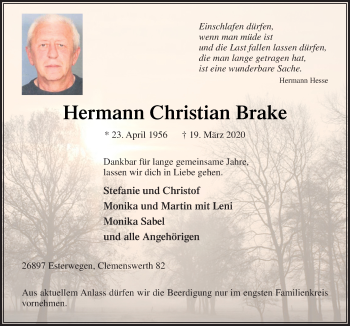 Traueranzeige von Hermann Christian Brake von Neue Osnabrücker Zeitung GmbH & Co. KG