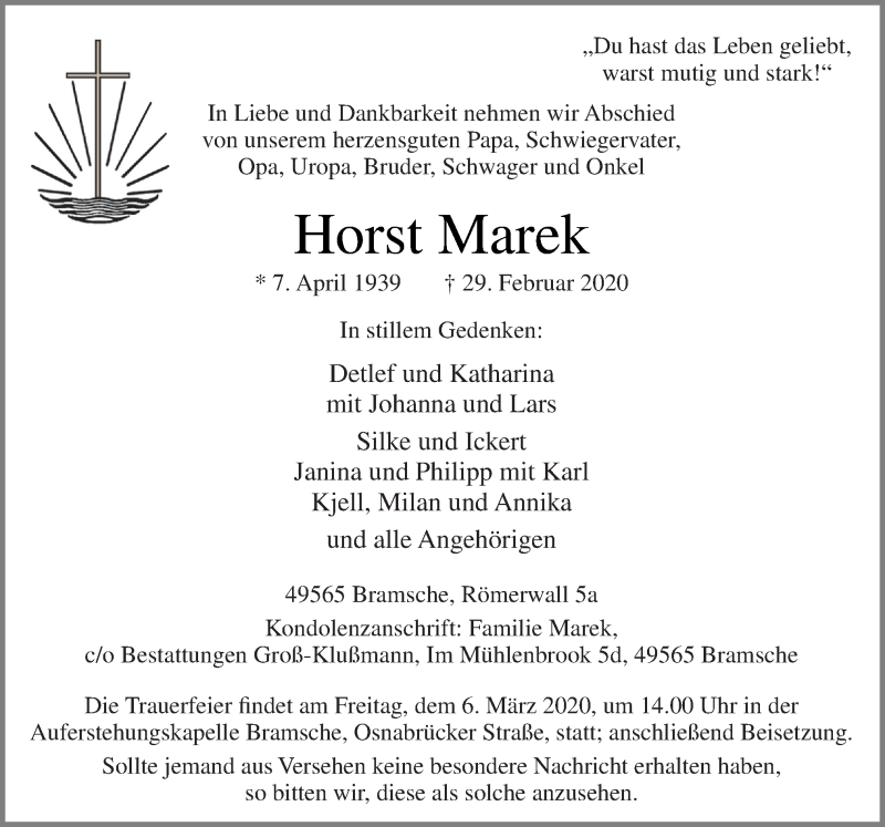  Traueranzeige für Horst Marek vom 03.03.2020 aus Neue Osnabrücker Zeitung GmbH & Co. KG