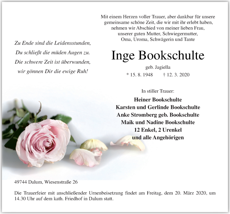  Traueranzeige für Inge Bookschulte vom 18.03.2020 aus Neue Osnabrücker Zeitung GmbH & Co. KG