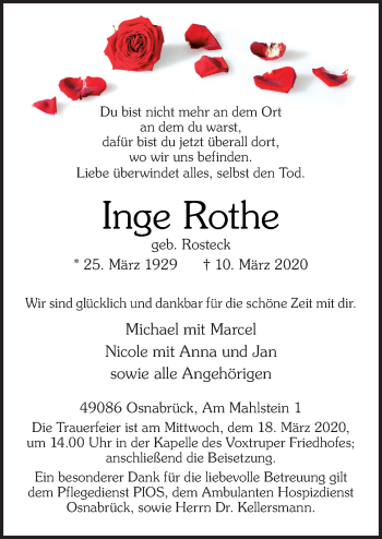 Traueranzeige von Inge Rothe von Neue Osnabrücker Zeitung GmbH & Co. KG