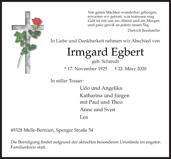 Traueranzeige von Irmgard Egbert von Neue Osnabrücker Zeitung GmbH & Co. KG