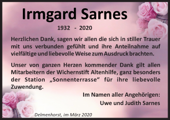 Traueranzeige von Irmgard Sarnes von Neue Osnabrücker Zeitung GmbH & Co. KG