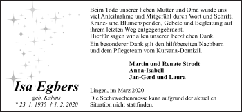 Traueranzeige von Isa Egbers von Neue Osnabrücker Zeitung GmbH & Co. KG