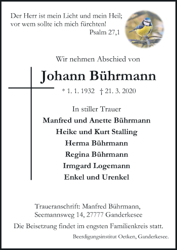 Traueranzeige von Johann Bührmann von Neue Osnabrücker Zeitung GmbH & Co. KG