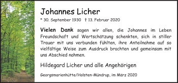 Traueranzeige von Johannes Licher von Neue Osnabrücker Zeitung GmbH & Co. KG