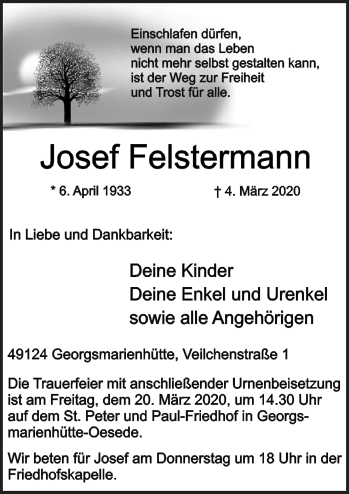 Traueranzeige von Josef Felstermann von Neue Osnabrücker Zeitung GmbH & Co. KG