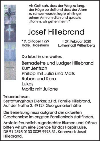 Traueranzeige von Josef Hillebrand von Neue Osnabrücker Zeitung GmbH & Co. KG