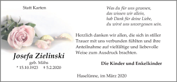 Traueranzeige von Josefa Zielinski von Neue Osnabrücker Zeitung GmbH & Co. KG
