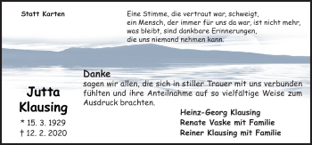 Traueranzeige von Jutta Klausing von Neue Osnabrücker Zeitung GmbH & Co. KG