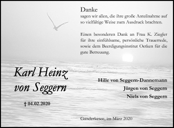 Traueranzeige von Karl Heinz von Seggern von Neue Osnabrücker Zeitung GmbH & Co. KG