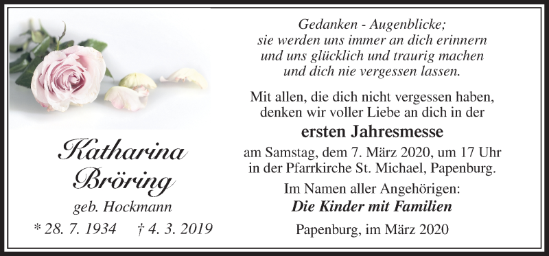  Traueranzeige für Katharina Bröring vom 04.03.2020 aus Neue Osnabrücker Zeitung GmbH & Co. KG