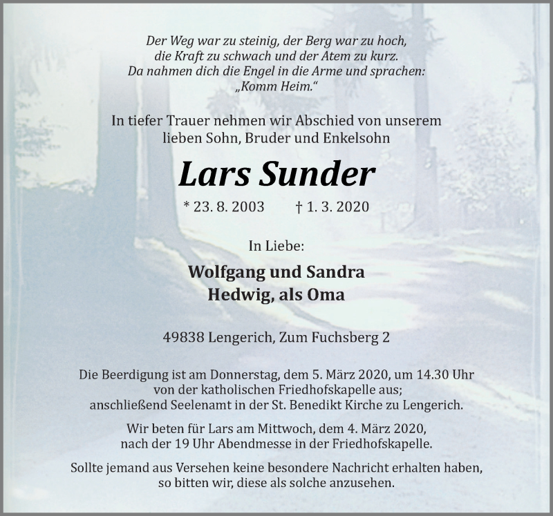  Traueranzeige für Lars Sunder vom 03.03.2020 aus Neue Osnabrücker Zeitung GmbH & Co. KG