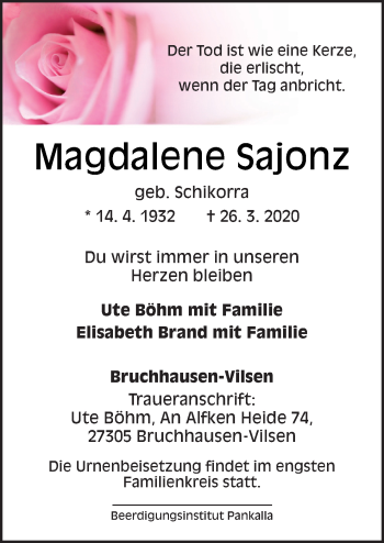 Traueranzeige von Magdalene Sajonz von Neue Osnabrücker Zeitung GmbH & Co. KG
