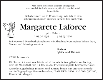 Traueranzeige von Margarete Laforce von Neue Osnabrücker Zeitung GmbH & Co. KG