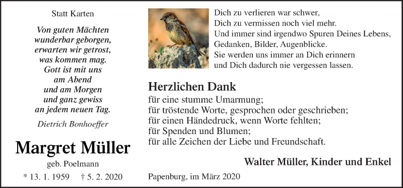  Traueranzeige für Margret Müller vom 18.03.2020 aus Neue Osnabrücker Zeitung GmbH & Co. KG