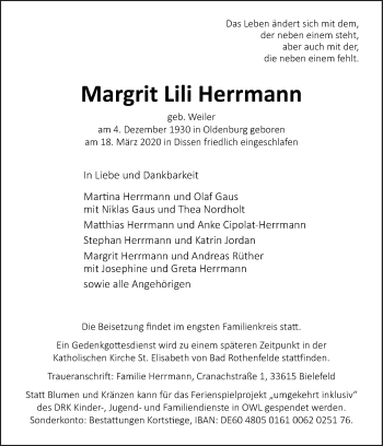 Traueranzeige von Margrit Lili Herrmann von Neue Osnabrücker Zeitung GmbH & Co. KG