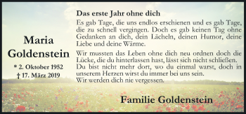 Traueranzeige von Maria Goldenstein von Neue Osnabrücker Zeitung GmbH & Co. KG