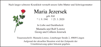 Traueranzeige von Maria Jezersek von Neue Osnabrücker Zeitung GmbH & Co. KG