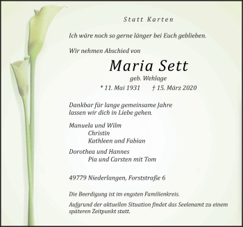 Traueranzeige von Maria Sett von Neue Osnabrücker Zeitung GmbH & Co. KG