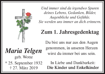 Traueranzeige von Maria Telgen von Neue Osnabrücker Zeitung GmbH & Co. KG