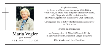 Traueranzeige von Maria Vogler von Neue Osnabrücker Zeitung GmbH & Co. KG