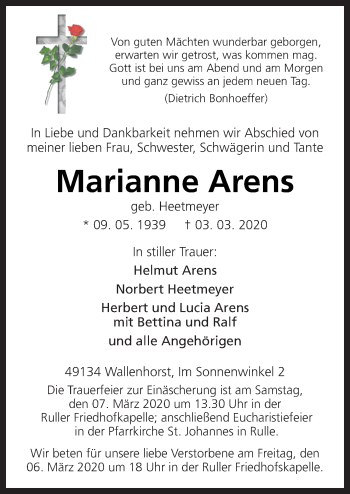 Traueranzeige von Marianne Arens von Neue Osnabrücker Zeitung GmbH & Co. KG