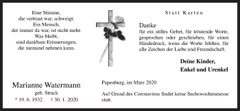 Traueranzeige von Marianne Watermann von Neue Osnabrücker Zeitung GmbH & Co. KG