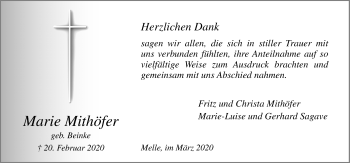 Traueranzeige von Marie Mithöfer von Neue Osnabrücker Zeitung GmbH & Co. KG