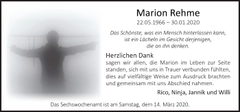 Traueranzeige von Marion Rehme von Neue Osnabrücker Zeitung GmbH & Co. KG