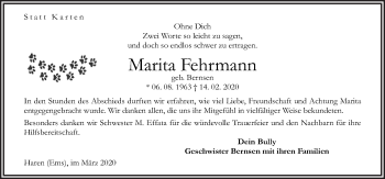 Traueranzeige von Marita Fehrmann von Neue Osnabrücker Zeitung GmbH & Co. KG