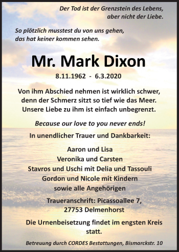 Traueranzeige von Mark Dixon von Neue Osnabrücker Zeitung GmbH & Co. KG