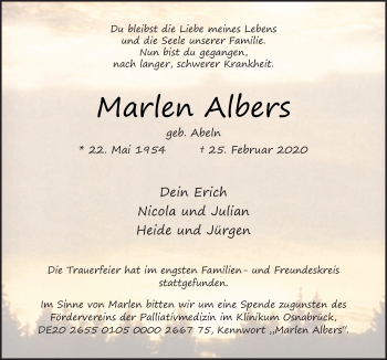 Traueranzeige von Marlen Albers von Neue Osnabrücker Zeitung GmbH & Co. KG