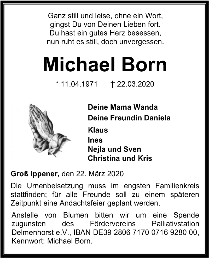  Traueranzeige für Michael Born vom 28.03.2020 aus Neue Osnabrücker Zeitung GmbH & Co. KG