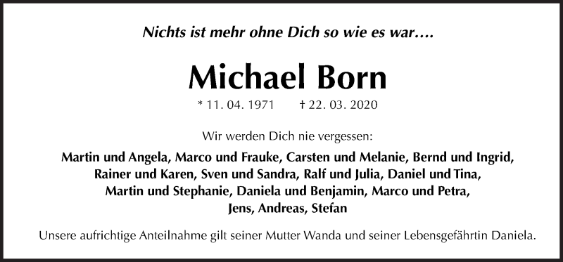  Traueranzeige für Michael Born vom 28.03.2020 aus Neue Osnabrücker Zeitung GmbH & Co. KG