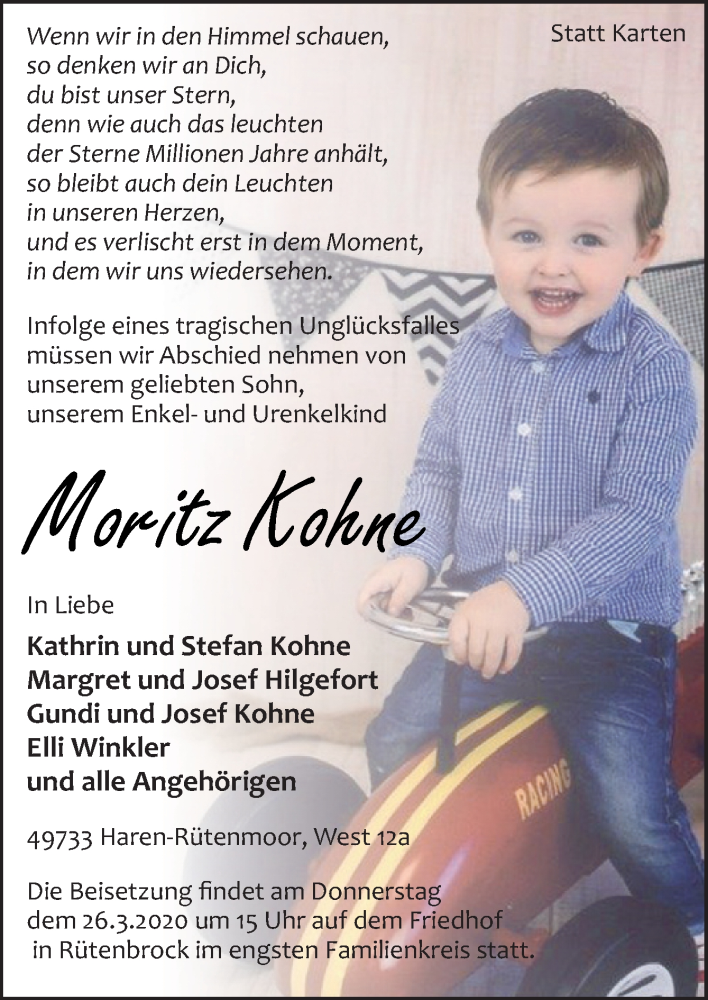 Traueranzeige für Moritz Kohne vom 25.03.2020 aus Neue Osnabrücker Zeitung GmbH & Co. KG