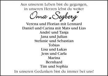 Traueranzeige von Oma Segberg  von Neue Osnabrücker Zeitung GmbH & Co. KG