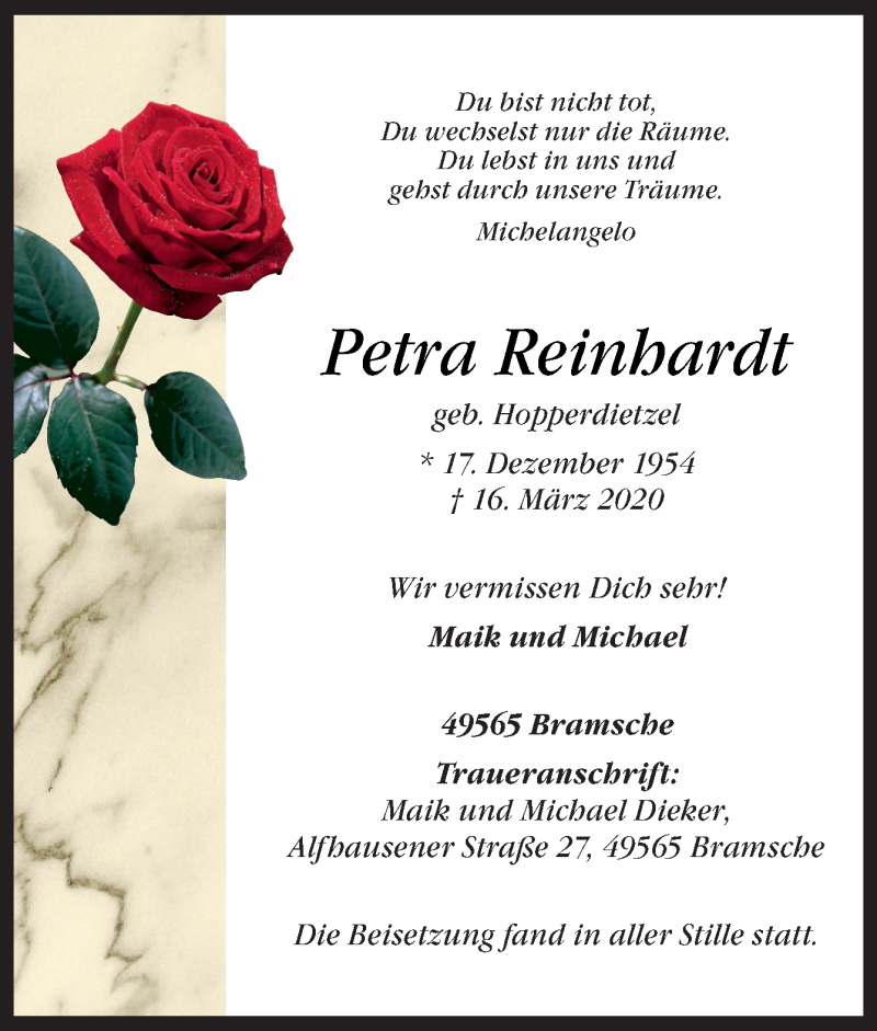  Traueranzeige für Petra Reinhardt vom 28.03.2020 aus Neue Osnabrücker Zeitung GmbH & Co. KG