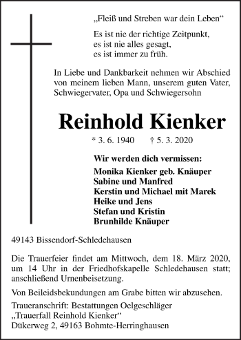 Traueranzeige von Reinhold Kienker von Neue Osnabrücker Zeitung GmbH & Co. KG