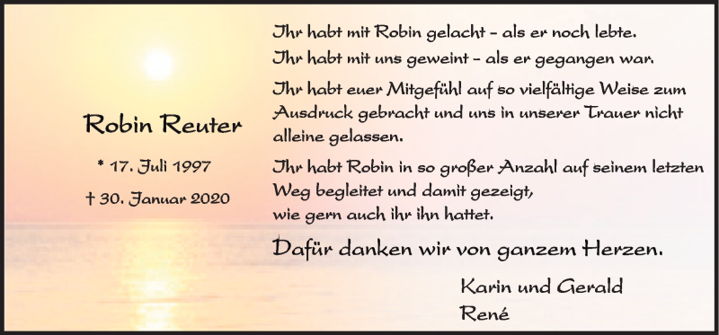  Traueranzeige für Robin Reuter vom 28.03.2020 aus Neue Osnabrücker Zeitung GmbH & Co. KG