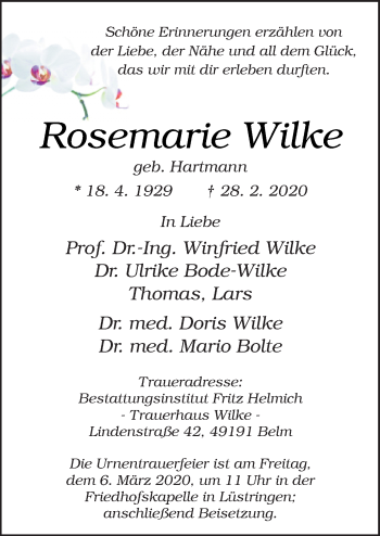 Traueranzeige von Rosemarie Wilke von Neue Osnabrücker Zeitung GmbH & Co. KG