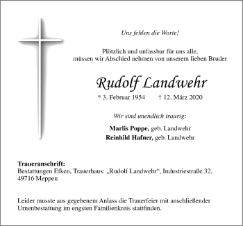 Traueranzeige von Rudolf Landwehr von Neue Osnabrücker Zeitung GmbH & Co. KG